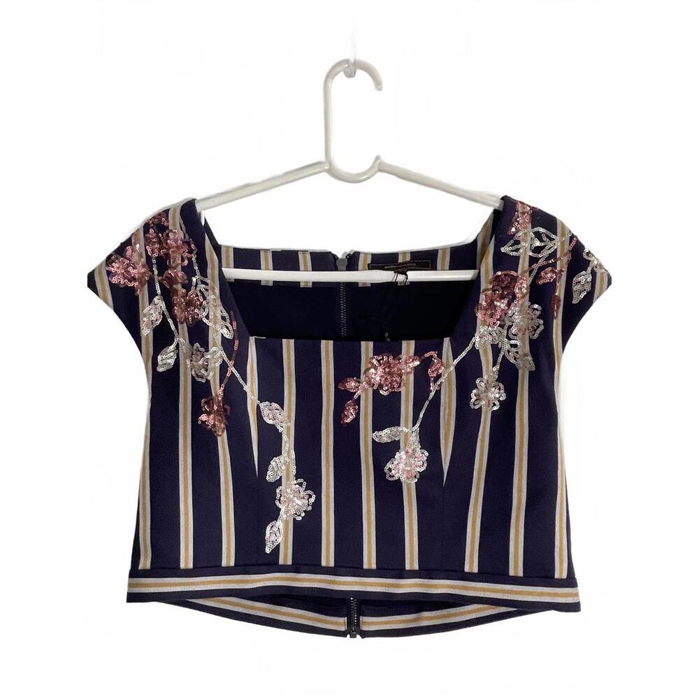 BCBGMAXAZRIA Floral Embellished Striped Crop Top